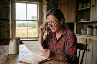 Femme rurale d'une cinquantaine d'années lisant un document avec des lunettes de vue dans une cuisine de ferme