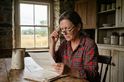 Femme rurale d'une cinquantaine d'années lisant un document avec des lunettes de vue dans une cuisine de ferme