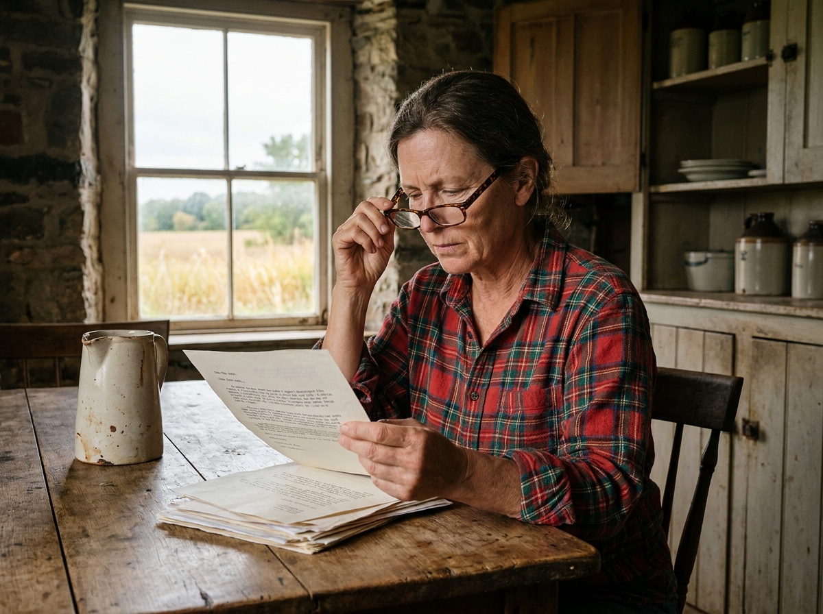 Femme rurale d'une cinquantaine d'années lisant un document avec des lunettes de vue dans une cuisine de ferme