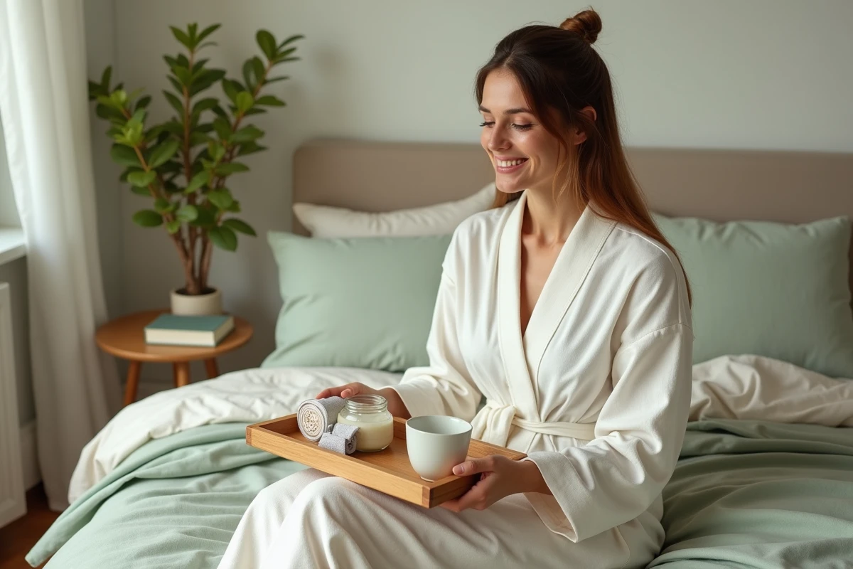 Femme en peignoir avec huile de coco et camomille représentant les soins naturels pour soulager les démangeaisons intimes à domicile