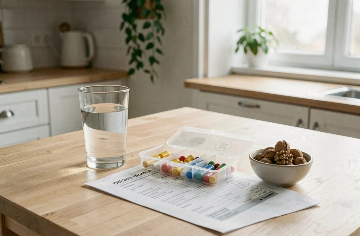 Compléments alimentaires, médicaments et bilan sanguin sur une table de cuisine illustrant les causes non-alcooliques d'un GGT élevé