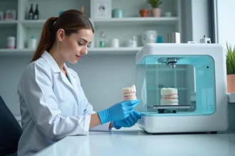 Technicienne dentaire préparant un modèle sur une imprimante 3D moderne