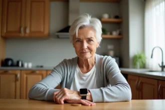 Femme senior mesurant sa tension artérielle avec une montre connectée à la maison
