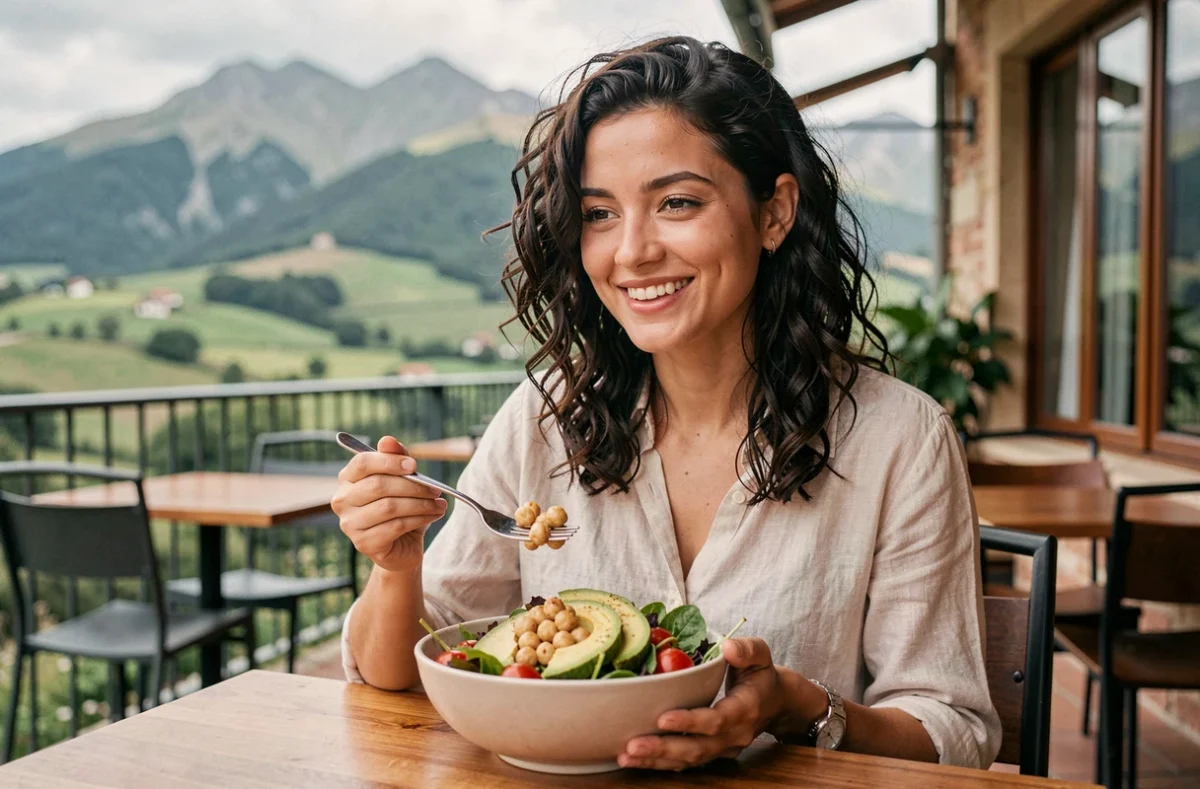 Femme souriante dégustant un bowl healthy en terrasse d'un restaurant dans les Pyrénées-Atlantiques avec vue sur les collines basques