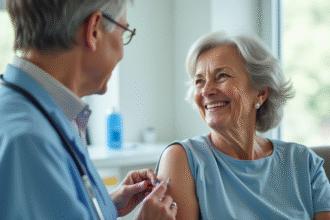 Femme âgée souriante recevant un vaccin avec son médecin dans une clinique moderne