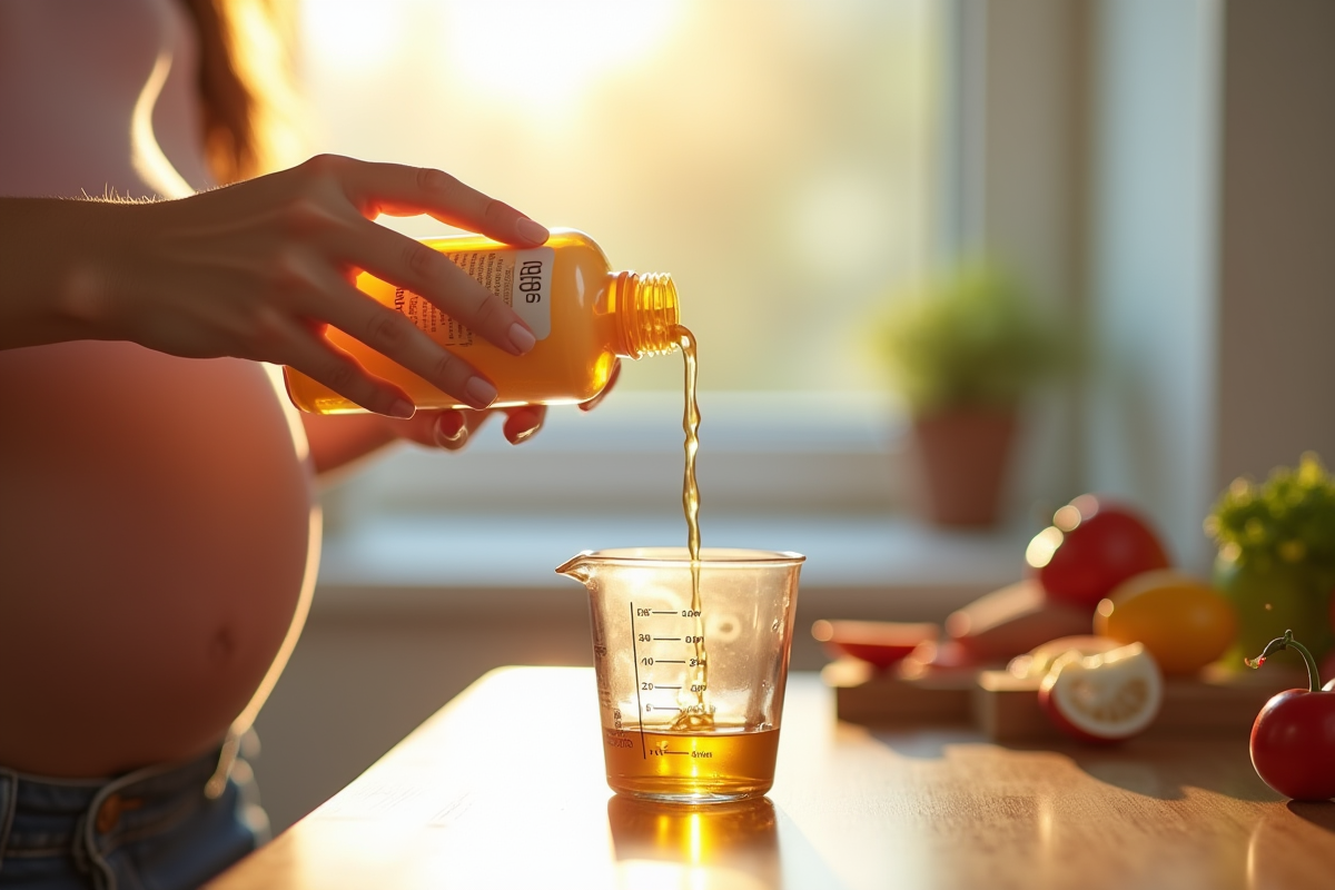 Main versant Gaviscon dans un verre en cuisine en lumière naturelle
