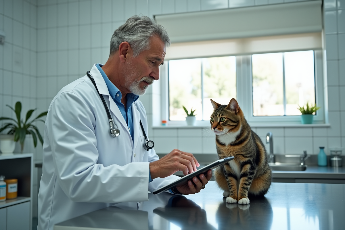 Vétérinaire examinant un chat sur une table moderne