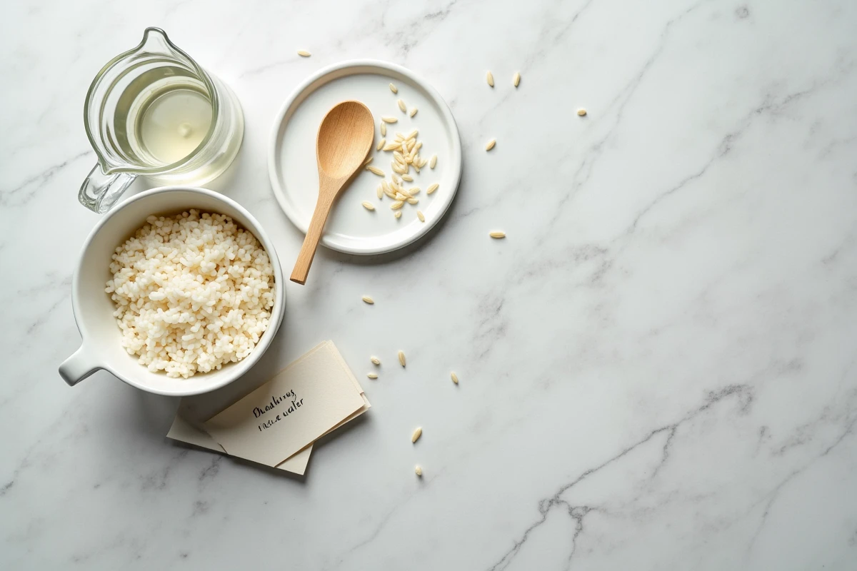 Vue aérienne d'un bol de riz cuit et d'une carafe d'eau de riz sur un plan de travail en pierre