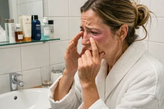 Femme aux yeux gonflés le matin inspectant ses paupières dans un miroir de salle de bain