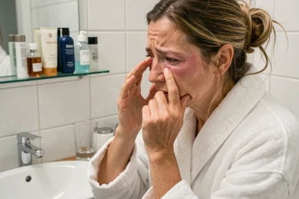 Femme aux yeux gonflés le matin inspectant ses paupières dans un miroir de salle de bain