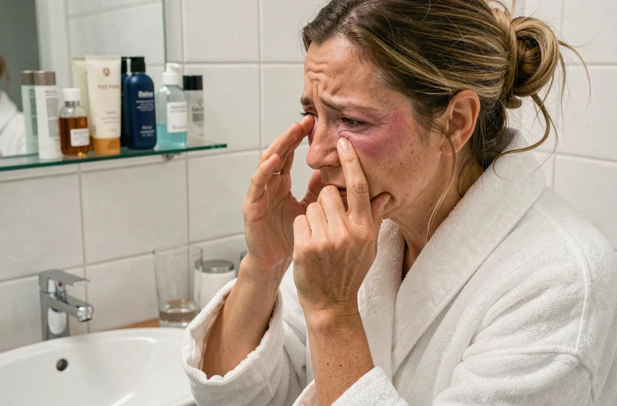 Femme aux yeux gonflés le matin inspectant ses paupières dans un miroir de salle de bain