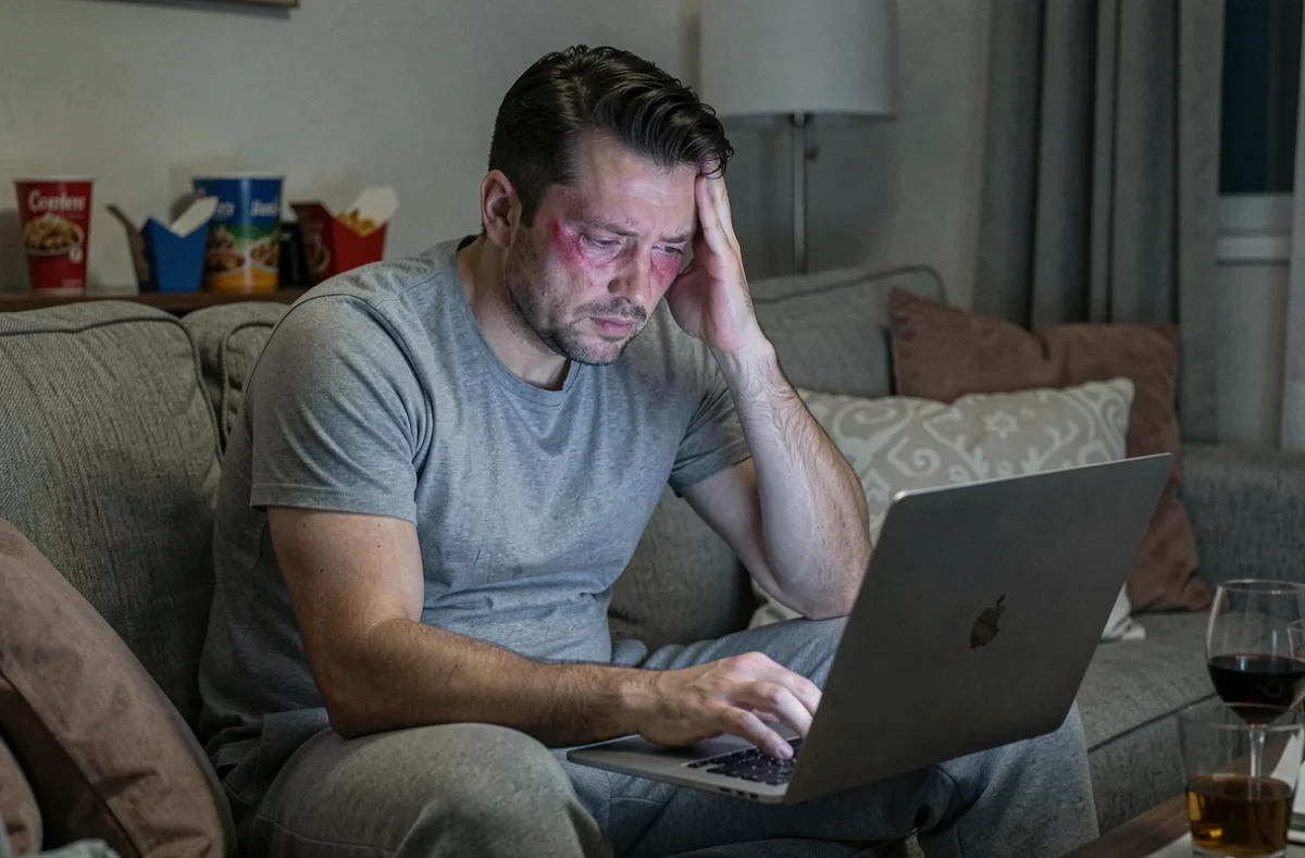 Homme aux yeux gonflés tard le soir devant un écran d'ordinateur avec mauvaises habitudes alimentaires